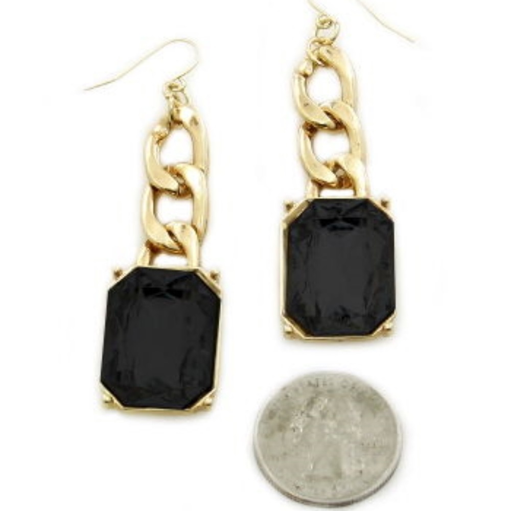 Gold Black Stone Chain Earrings